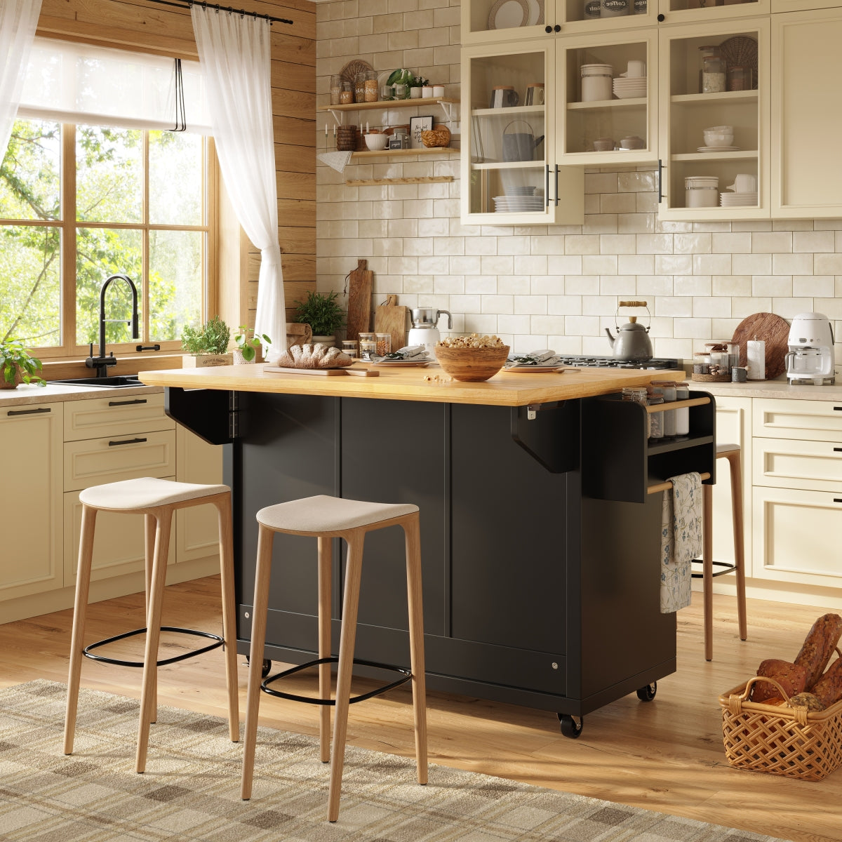 Kücheninsel mit Rollen & klappbarer Arbeitsplatte, Küchenwagen mit 5 Schubladen, Handtuchhalter & Gewürzregal, Sideboard 120cm, Weiß/Schwarz