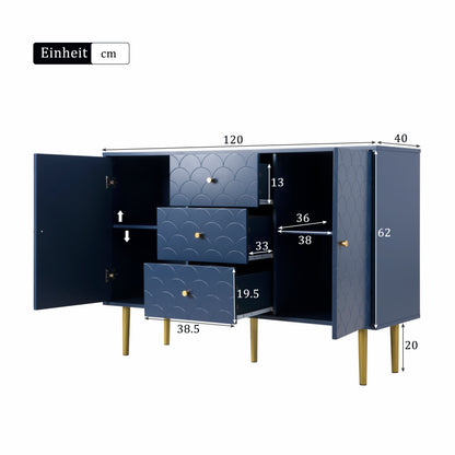 Kommode mit 2 Türen und 3 Schubladen, Verstellbare Ablage, für Wohnzimmer Schlafzimmer, Marineblau-H82/B120/T40 cm