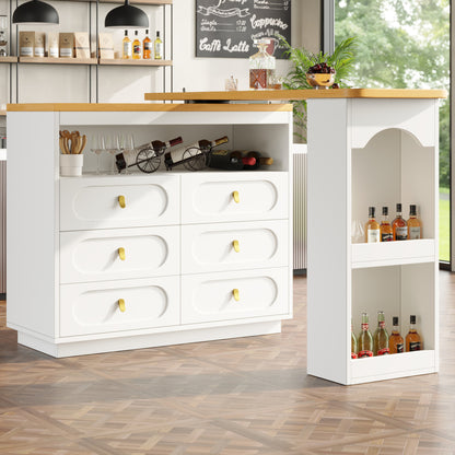 Bartisch ausziehbar 138-203cm, 360° drehbarer Stehtisch mit 6 Schubladen & Snack-Regal, moderner Küchentisch, Schreibtisch & Bar, Weiß