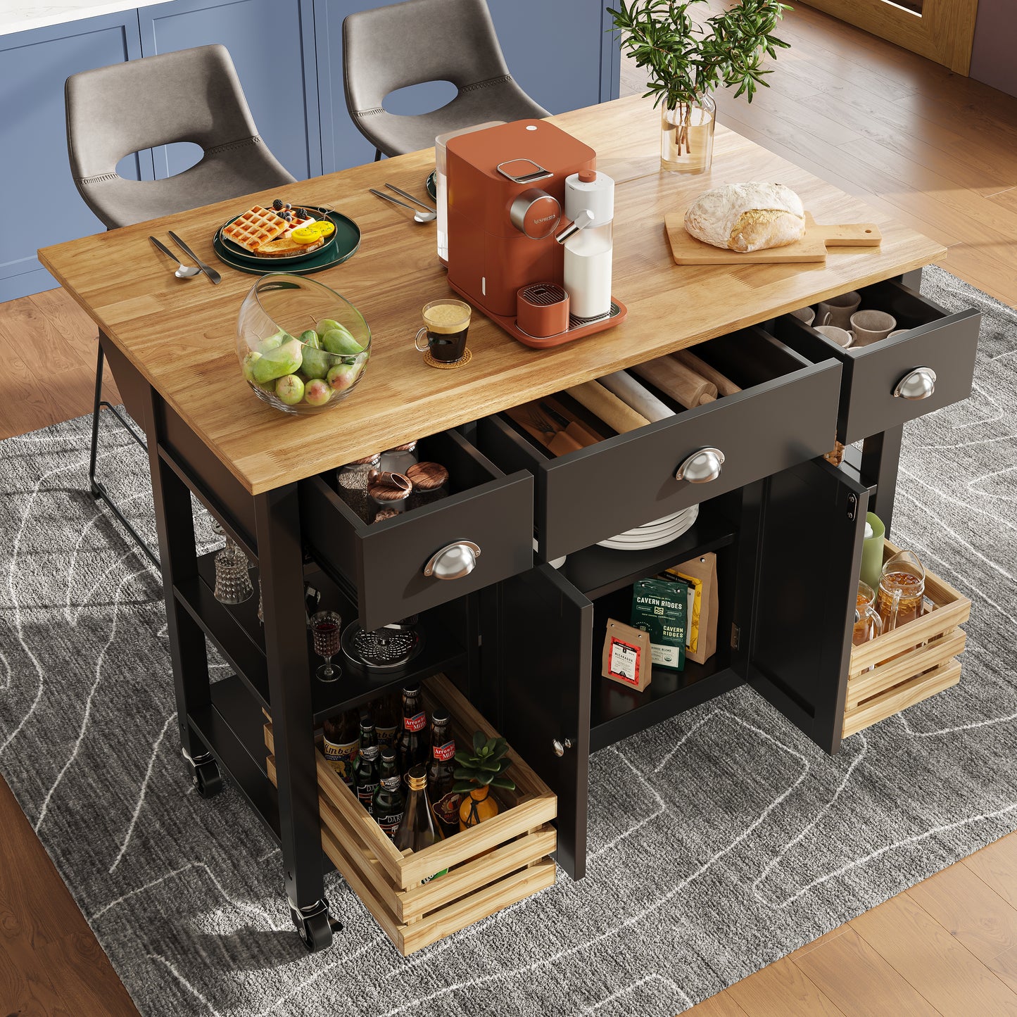 Moderne Kücheninsel Küchenschrank mit Kiefernkorb 120x45x90cm Multifunktions Esstisch Servierwagen Holzmaserung Aufbewahrungskorb Schwarz