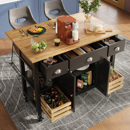 Moderne Kücheninsel Küchenschrank mit Kiefernkorb 120x45x90cm Multifunktions Esstisch Servierwagen Holzmaserung Aufbewahrungskorb Schwarz