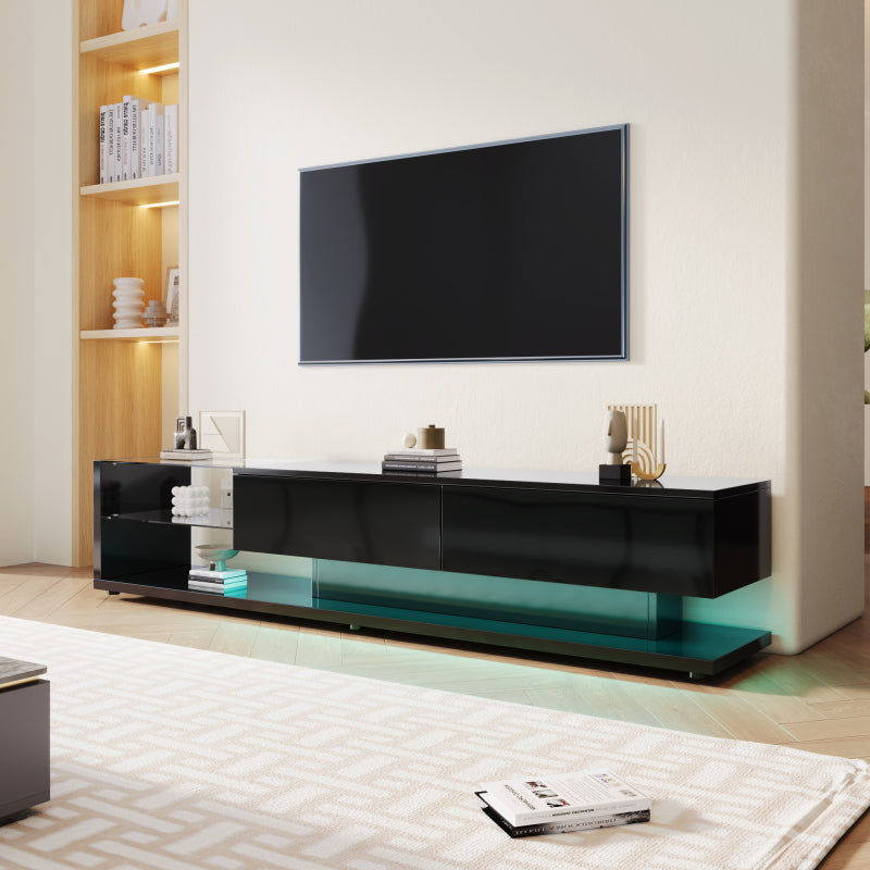 TV-Schränke, Lowboards, Hochglanz-Wohnzimmermöbel. Glastrennwände und variable LED-Beleuchtung. Es verbindet natürlichen, rustikalen Stil mit modernem Design.