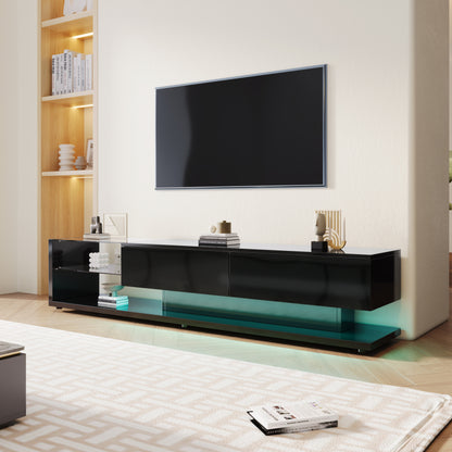 TV-Schränke, Lowboards, Hochglanz-Wohnzimmermöbel. Glastrennwände und variable LED-Beleuchtung. Es verbindet natürlichen, rustikalen Stil mit modernem Design.