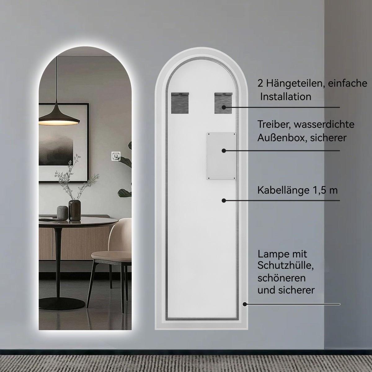 LED Spiegel 165x50 cm, Wandspiegel Randlos, Dimmbar (Warm-/Kaltweiß), Ganzkörperspiegel mit Beleuchtung