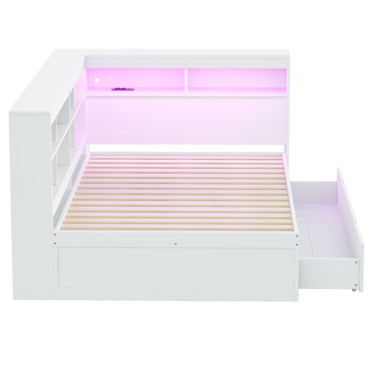 Massivholz-Doppelbett 140x200 Weiß mit LED & USB - Multifunktionales Sofa-Bett mit großen Schubladen, Ablagefächern & viel Stauraum, Weiß