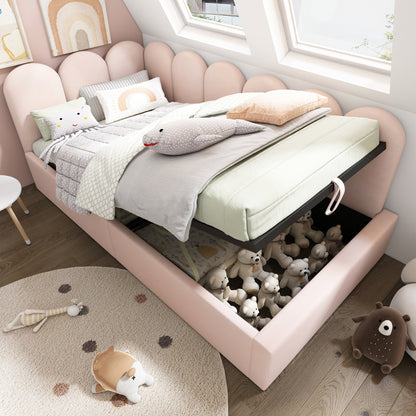 Polsterbett Daybett,Tagesbett Schlafsofa mit hydraulischem Stauraum, Kinderbett mit Metall-Lattenrost, Samt, Rosa, ohne Matratze