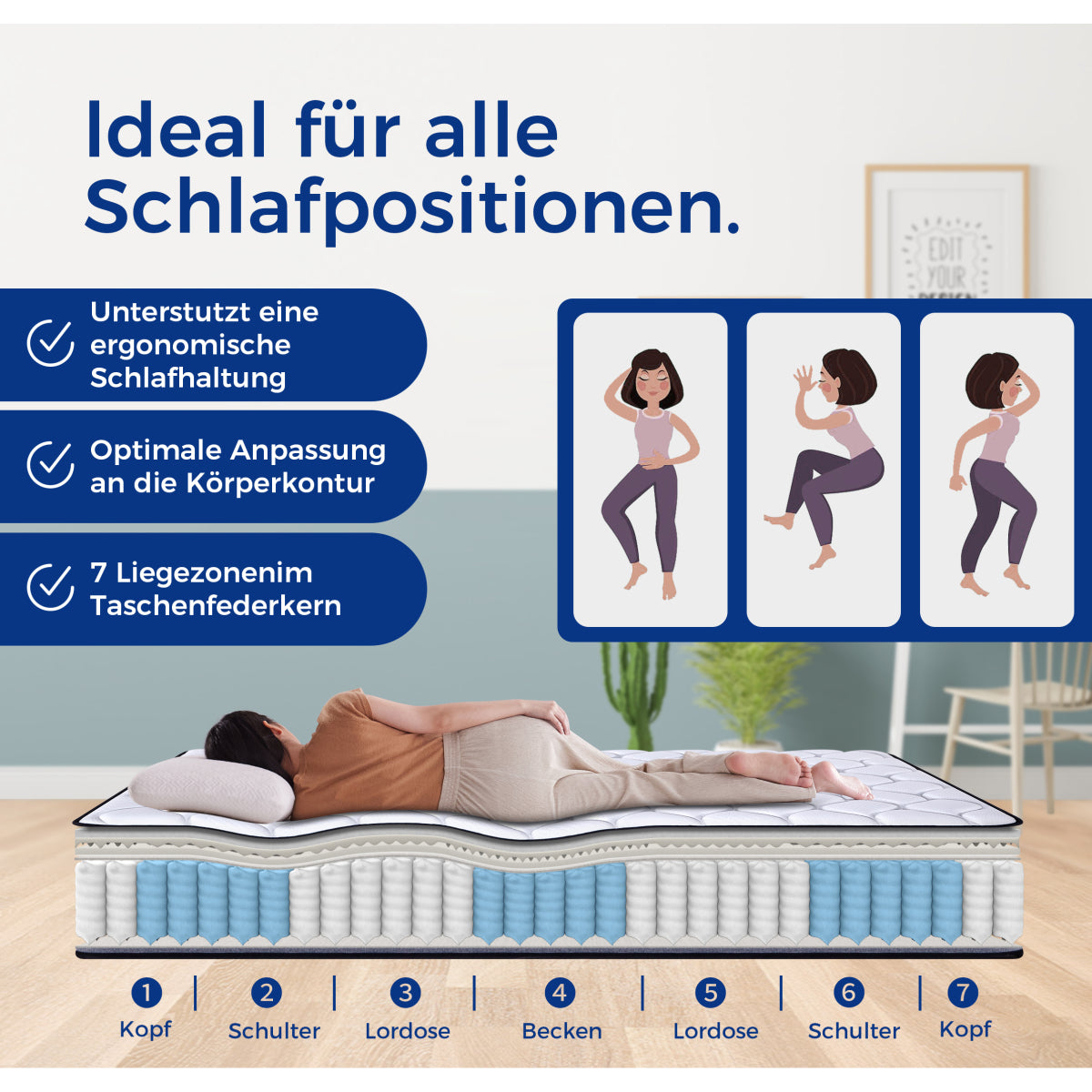 Taschenfederkern Matratze 140x200cm, H3, 7 Zonen, Lyocell Bezug, Boxspring Gefühl