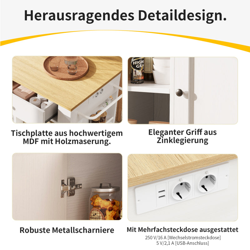 Kücheninsel, Küchenwagen mit Steckdosenleiste ausgestattet, Küchenschrank, Servierwagen mit arbeitsplatte, buffetschrank, Speisewagen mit Holzmaserung, buffetschrank,weiß