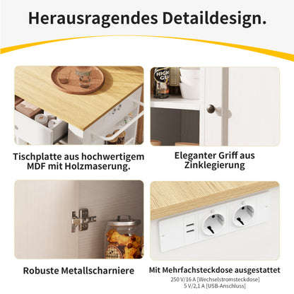 Kücheninsel, Küchenwagen mit Steckdosenleiste ausgestattet, Küchenschrank, Servierwagen mit arbeitsplatte, buffetschrank, Speisewagen mit Holzmaserung, buffetschrank,weiß