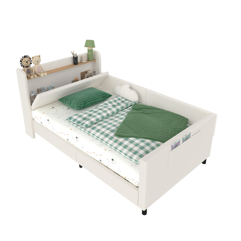 Kinder-Spleißbett, Polsterbett, Tagesbett, Schlafsofa mit Metallbettgestell, Kindernachttisch mit unterer Klapptür, 3 kleine Aufbewahrungstaschen, PU+MDF+Sperrholz, Weiß, 90x200cm