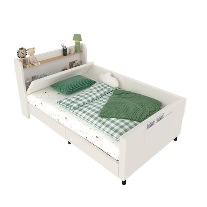 Kinder-Spleißbett, Polsterbett, Tagesbett, Schlafsofa mit Metallbettgestell, Kindernachttisch mit unterer Klapptür, 3 kleine Aufbewahrungstaschen, PU+MDF+Sperrholz, Weiß, 90x200cm