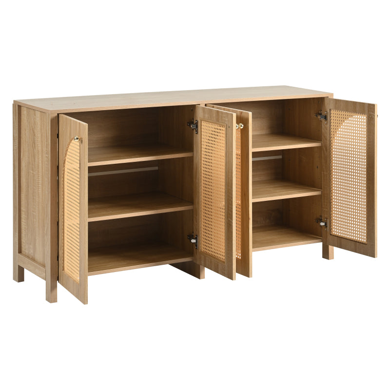 Modernes Sideboard im minimalistischen Stil 4-Rattantür, Metallgriff einfaches Buffetschrank für Esszimmer, Wohnzimmer, Küche (Naturholz)
