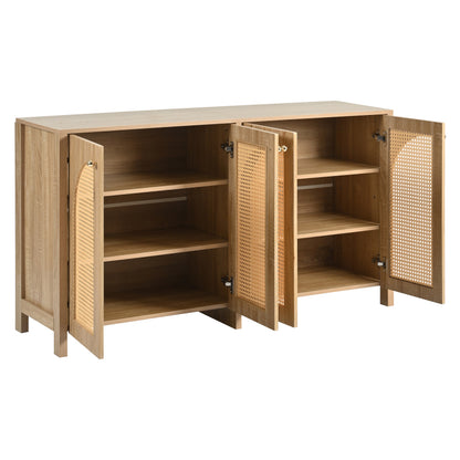 Modernes Sideboard im minimalistischen Stil 4-Rattantür, Metallgriff einfaches Buffetschrank für Esszimmer, Wohnzimmer, Küche (Naturholz)