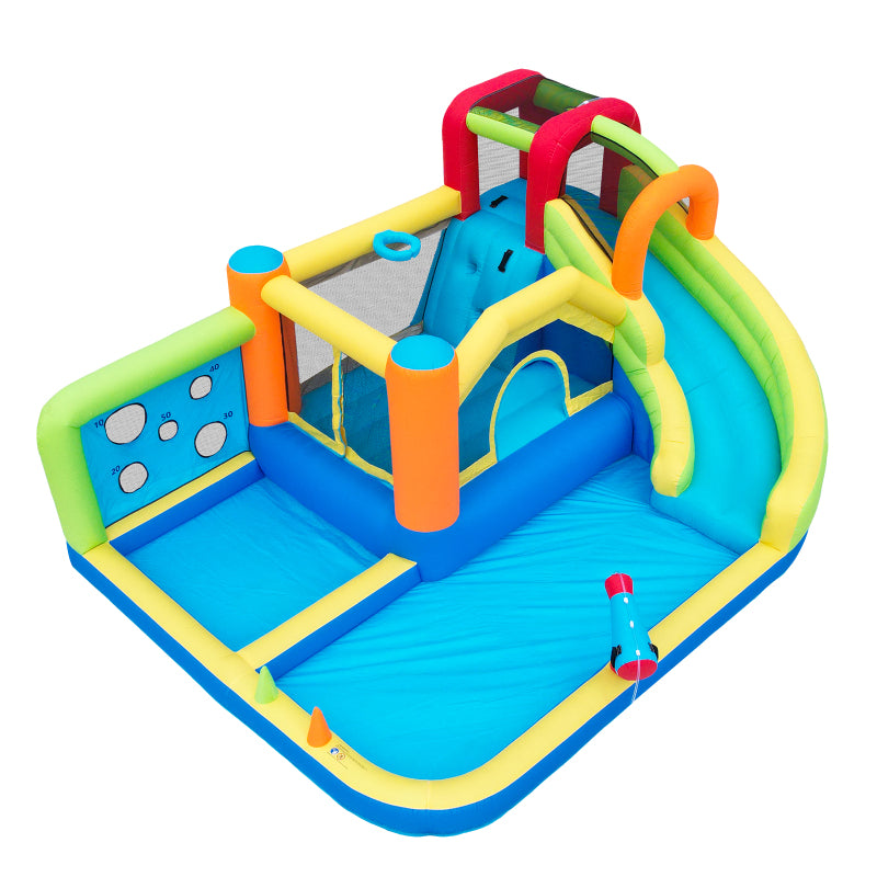 [Ganzjähriger Spielspaß] Hüpfburg mit Gebläse Multifunktionaler Wasserpark+Trampolinpark für Kinder, Inklusive 450W-Gebläse