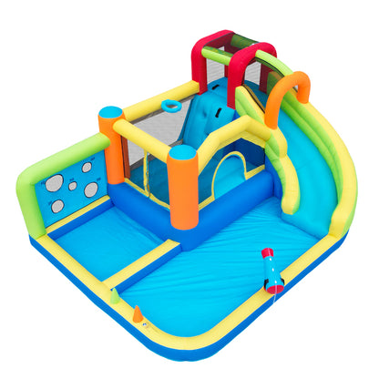 [Ganzjähriger Spielspaß] Hüpfburg mit Gebläse Multifunktionaler Wasserpark+Trampolinpark für Kinder, Inklusive 450W-Gebläse