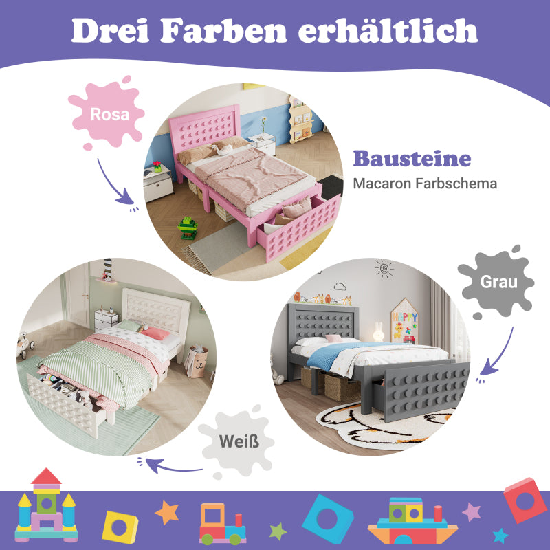 Holzbett Einzelbett 90x200 cm, Kinderbett Jugendbett mit Kreativem Block Design, Massivholz Bettgestell mit Lattenrost, mit Schubladen & Unterm Bett Stauraum, Grau, Ohne Matratze