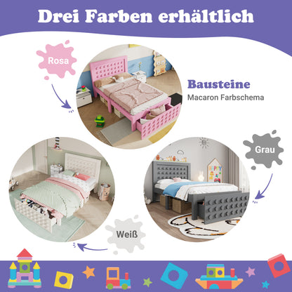 Holzbett Einzelbett 90x200 cm, Kinderbett Jugendbett mit Kreativem Block Design, Massivholz Bettgestell mit Lattenrost, mit Schubladen & Unterm Bett Stauraum, Grau, Ohne Matratze