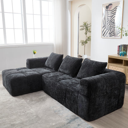 Modernes Sektionssofa, L-Sofa, 3-Sitzer-Sofa, keine Installation erforderlich, Chenille-Sofa mit Chaiselongue und Armlehnen, 3 Kissen, Seitentasche für Fernbedienung, Schwarz