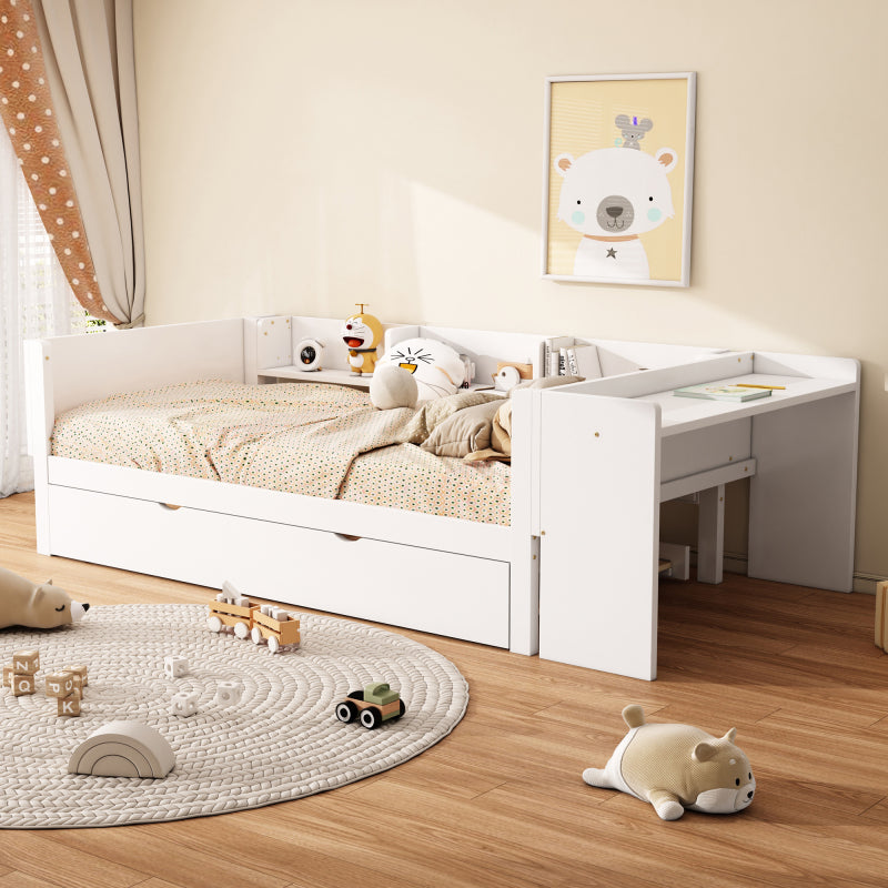 90*200cm, Flachbett, mit ausziehbarem Bett, mit Schreibtisch, drei Regale an der Seite des Bettes,  Weiß