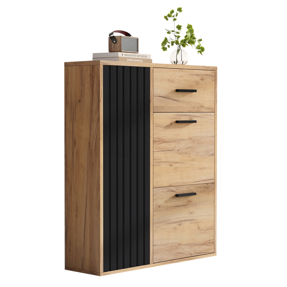 Schuhschrank Schwarz/Natur 80x24x95,5 cm mit 2 Klappen, 1 Tür & Schublade, verstellbare Regale, moderne Griffe