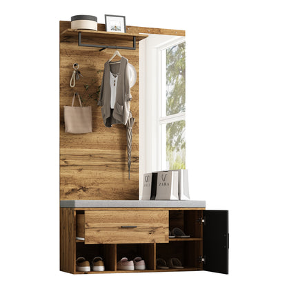 Garderoben Set in Holzoptik mit Spiegel, Schuhbank (104 x 39 cm) mit Polster, Schuhschrank, Schublade, Regal, Kleiderhaken – Praktisches Design für den Eingangsbereich