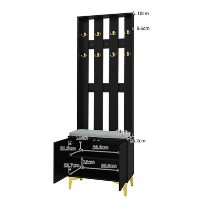 Garderoben-Set mit Schuhschrank & Sitzbank, Wellenfront, Push-to-Open, goldene Haken & Füße, Schwarz