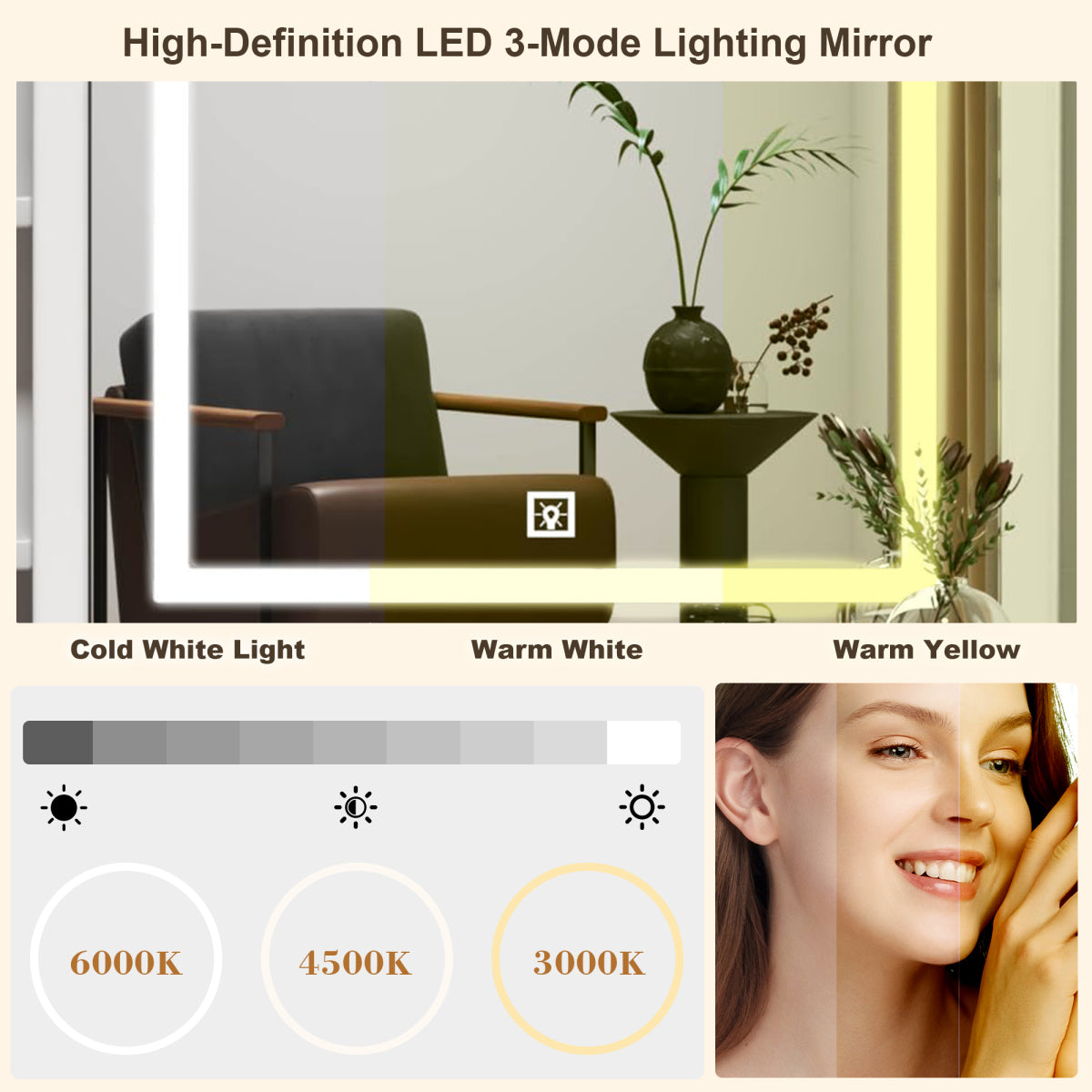 Luxus Schminktisch LED, 3 Lichtfarben, 4 Schubladen, inkl. Hocker, Weiß