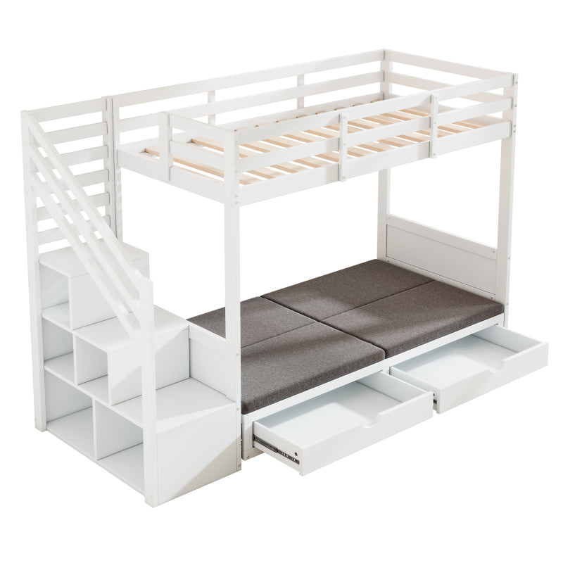 Kinder-Etagenbett, Doppelbett, multifunktionales Kinderbett,Mit Treppenschrank und 2 Schubladen, ohne Matratze, Die untere Ebene als Bett oder Sofa genutzt und enthält Kissen , weiß, 90*200
