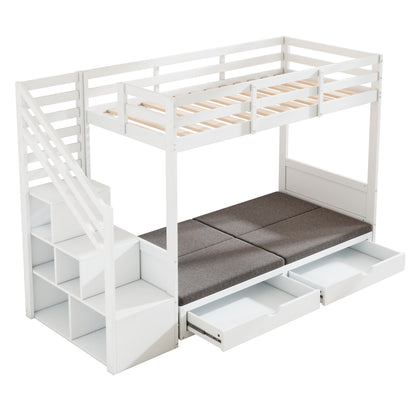 Kinder-Etagenbett, Doppelbett, multifunktionales Kinderbett,Mit Treppenschrank und 2 Schubladen, ohne Matratze, Die untere Ebene als Bett oder Sofa genutzt und enthält Kissen , weiß, 90*200