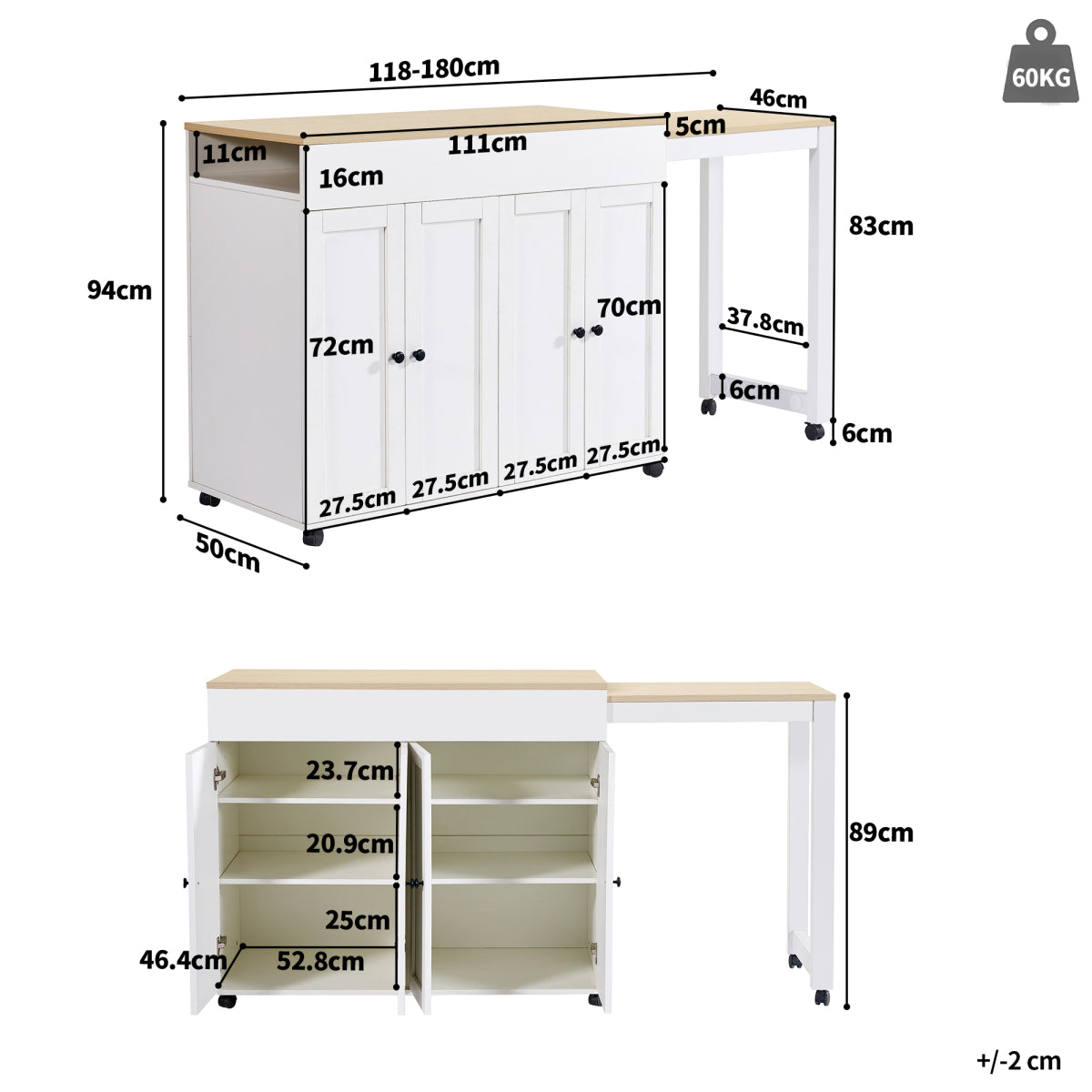 Ausziehbarer Bartisch 118-180cm, Stehtisch mit 6 Ablagefächern, Weiß