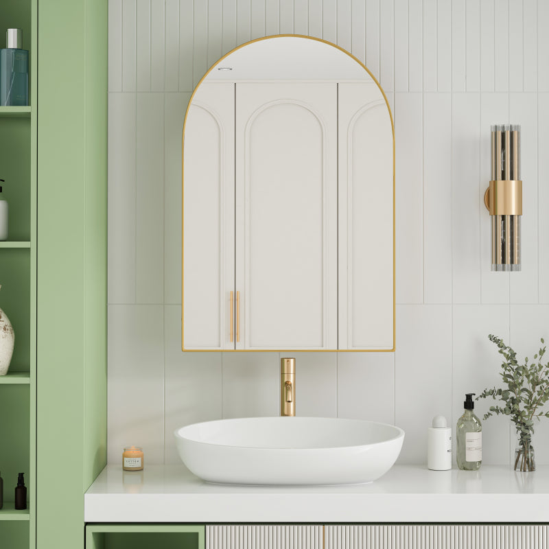 Stylish Arched Mirror Cabinet, Recessed Medicine Cabinet, Wall Cabinet with Metal Framed, Mirror and Adjustable Shelves, Mirror Cabinet with Storage for Bathroom, Living Room and Bedroom, Gold