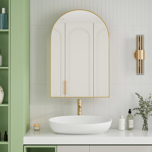 Stylish Arched Mirror Cabinet, Recessed Medicine Cabinet, Wall Cabinet with Metal Framed, Mirror and Adjustable Shelves, Mirror Cabinet with Storage for Bathroom, Living Room and Bedroom, Gold