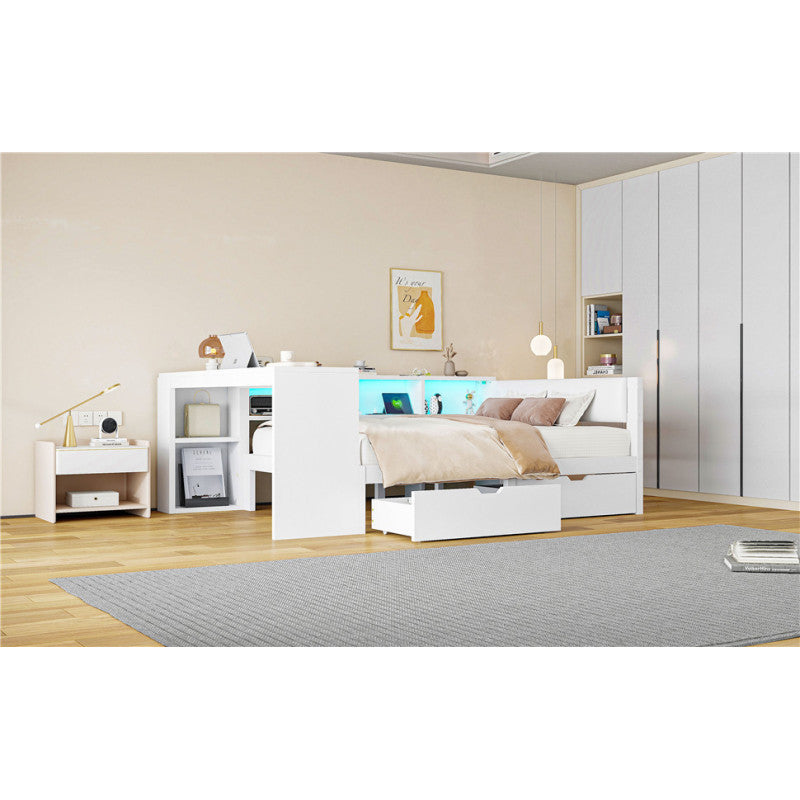 140x200 Holz-Plattformbett mit Ablageflächen, Schubladen, Ladestation und gepolstertem Kopfteil, Mit bunten LED-Leuchten, Weiß