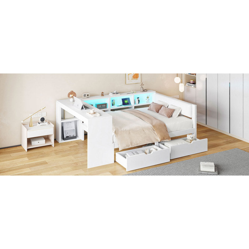 140x200 Holz-Plattformbett mit Ablageflächen, Schubladen, Ladestation und gepolstertem Kopfteil, Mit bunten LED-Leuchten, Weiß