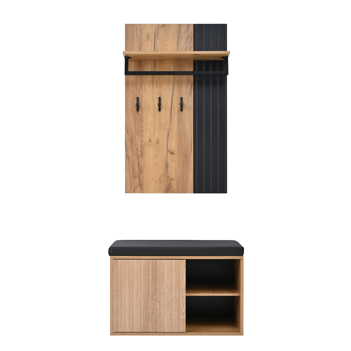 Schuhbank mit Garderobe & 3 Haken, Schuhschrank mit 2 Türen und Sitzbank, Flurmöbel aus Spanplatte, Schwarz/Natur, B70×T36×H146 cm