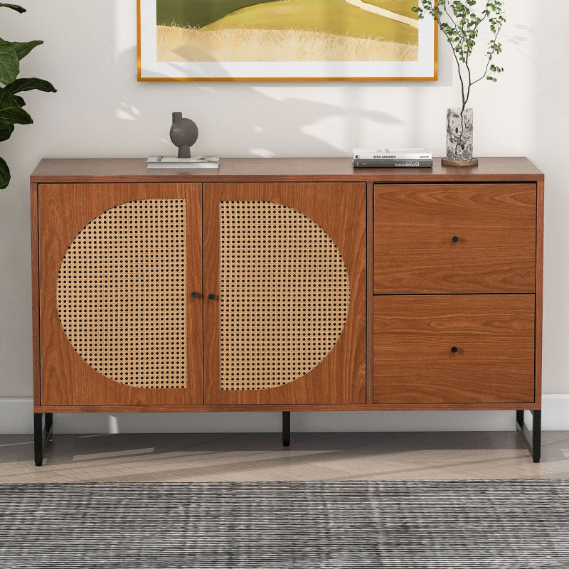 Sideboard mit 2 Rattan verzierten Türen und 2 Schubladen Kommode Küchenschrank, Mehrzweckschrank, Highboard mit Metallgriffe, für Schlafzimmer & Wohnräume & Büro