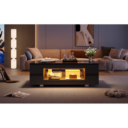 Schwarzer LED-Couchtisch mit Bluetooth-App-Steuerung, doppelschichtiger Hochglanz-Hohldesigntisch, geeignet für Partys, Büros, Wohnzimmer