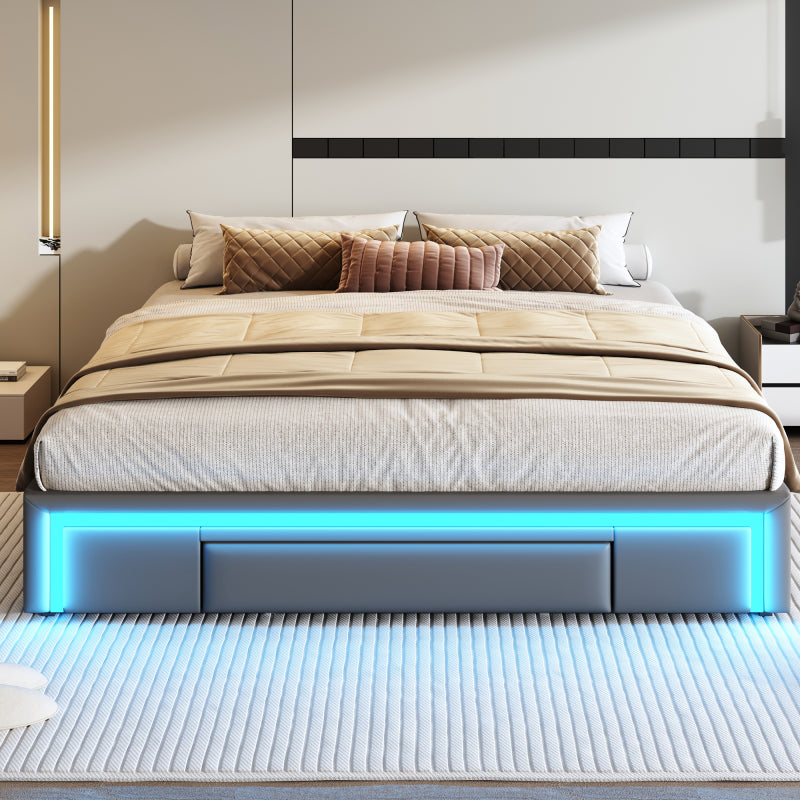 Bettgestell 180X200 mit Schubladen, PU-Leder Bett ohne Kopfteil Mit LED-Lichtleiste, MetalllattenPlattformbett für moderne Schlafzimmer Grau