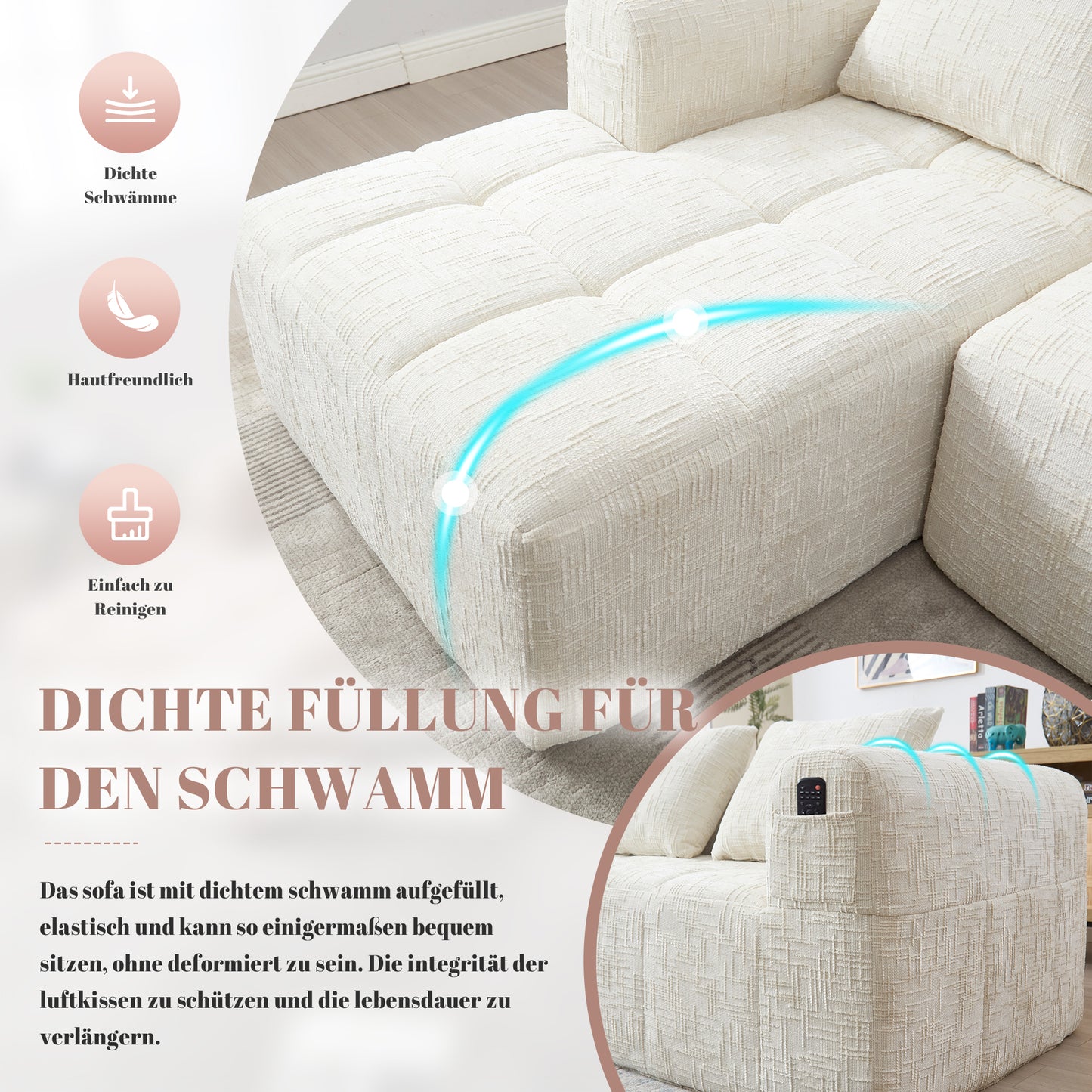 Modernes Sektionssofa, L-Sofa, 3-Sitzer-Sofa, keine Installation erforderlich, Chenille-Sofa mit Chaiselongue und Armlehnen, 3 Kissen, Seitentasche für Fernbedienung, Beige