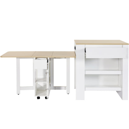 Ausziehbarer Bartisch mit Stauraum(110-124×78×97.5cm), für 2-6 Personen, Kücheninseln mit 2 Schubladen, 2 seitliche offene Regale und eingebaute Steckdose,Tischplatte aus weiß marmoriertem MDF,Weiß