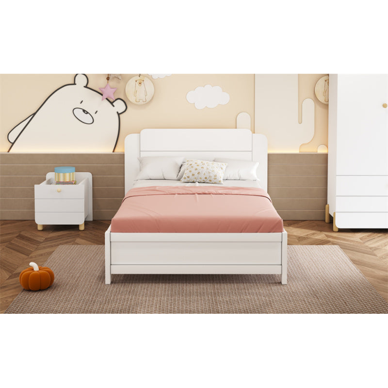 Holzbett 90*200 cm , Einzigartige und Minimalistische Form, Kopfteil mit Liniendesign, Kindereinzelbett, Weiß