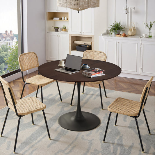 47.24"Modern Round Dining Table,Four Patchwork Tabletops with OAK Color Solid Wood Grain Table Top,Metal Base Dining Table, End Table Leisure Coffee Table
