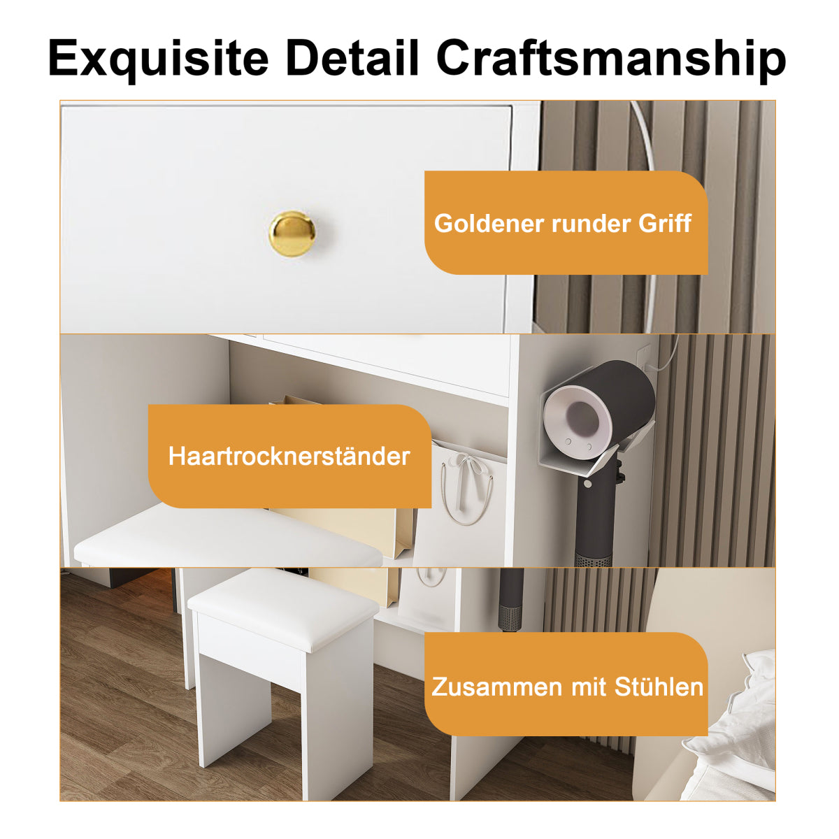 Schminktisch XXL Spiegel (75x48 cm) LED, Steckdose, 4 Schubladen, inkl. Hocker