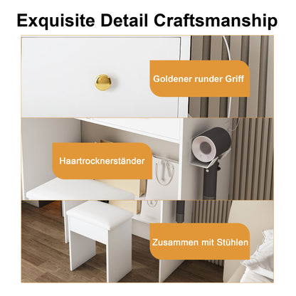 Schminktisch XXL Spiegel (75x48 cm) LED, Steckdose, 4 Schubladen, inkl. Hocker