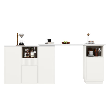 360° Drehbarer Bartisch 210cm L-Form Kücheninsel mit Marmor-Optik Arbeitsplatte, Moderner Tresen & Aufbewahrungsschrank Weiß, Sideboard
