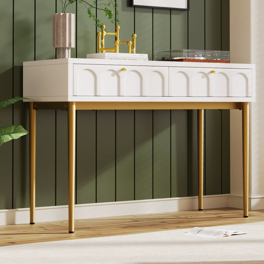 Schminktisch mit 2 Schubladen 76.5cm Höhe ,Kommode Schlafzimmer Highboard Weiss Sideboard Schubladenkommode Kommode für Schlafzimmer, Creme-Weiß -H76.5/B100/T45 cm