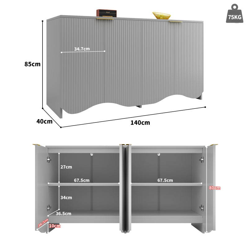 Sideboard(140×40×85cm), buffetschrank, cabinets, Esszimmer Wohnzimmer Aufbewahrungsschränke, Gemusterte Schränke, Freistehende Schränke, Küchenmöbel,Wellenmuster-Design, Grau