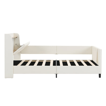 Kinder-Spleißbett, Polsterbett, Tagesbett, Schlafsofa mit Metallbettgestell, Kindernachttisch mit unterer Klapptür, 3 kleine Aufbewahrungstaschen, PU+MDF+Sperrholz, Weiß, 90x200cm