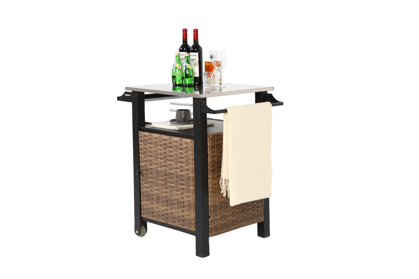 Single door bar cart,Outdoor Kitchen Wicker Island Rolling Cart & Storage Cabinet, Wheels and Stainless Steel Extended Table Top, Side Handle for Patio Kitchen or Bar Cart, Brown