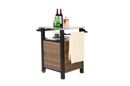 Single door bar cart,Outdoor Kitchen Wicker Island Rolling Cart & Storage Cabinet, Wheels and Stainless Steel Extended Table Top, Side Handle for Patio Kitchen or Bar Cart, Brown